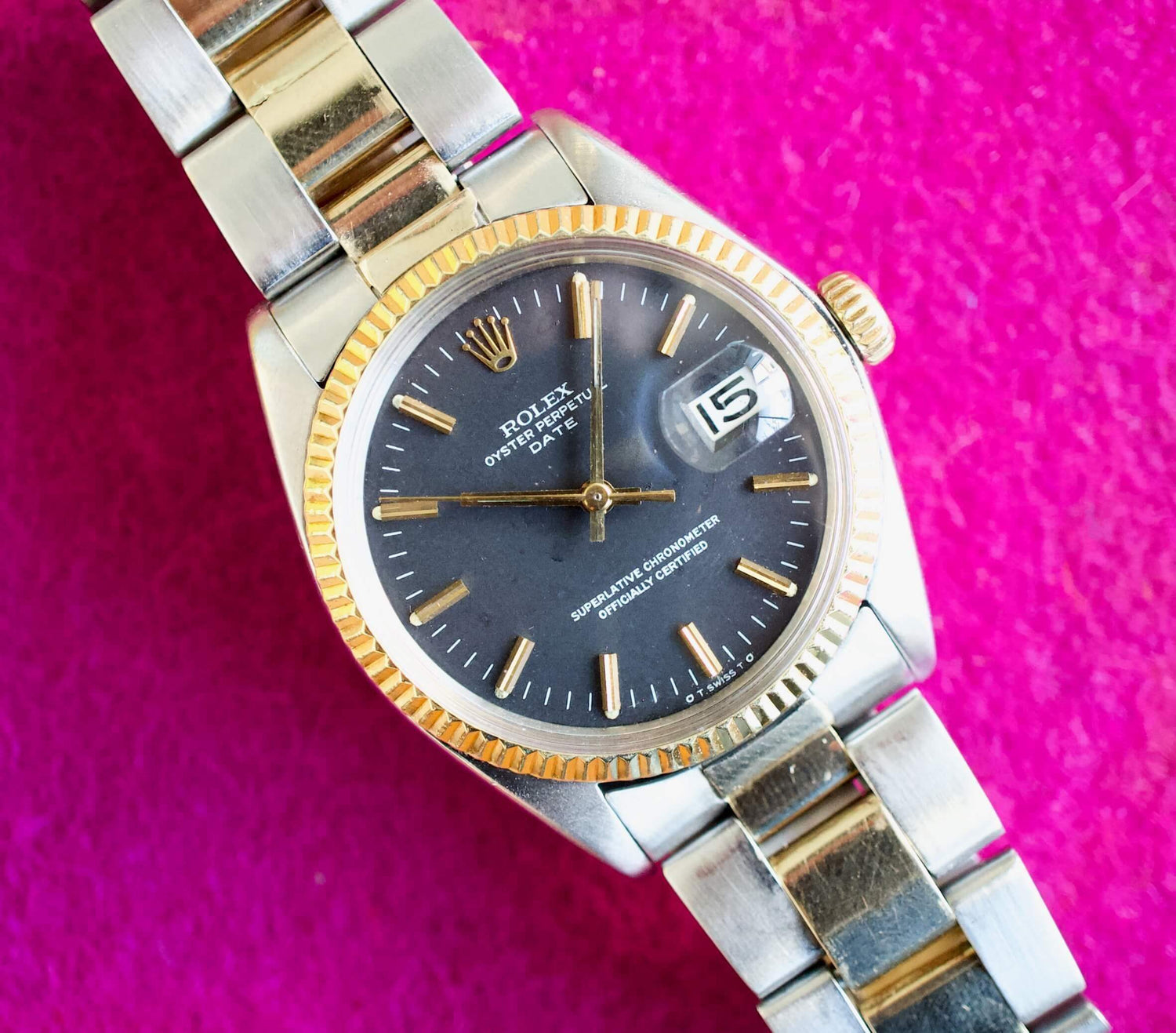 SOLD OUT: Rolex Oyster Perpetual Date 1500 34MM Date Black Two Tone Box Automatic 1970 - WearingTime Luxury Watches