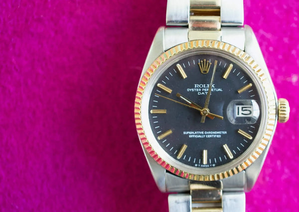 SOLD OUT: Rolex Oyster Perpetual Date 1500 34MM Date Black Two Tone Box Automatic 1970