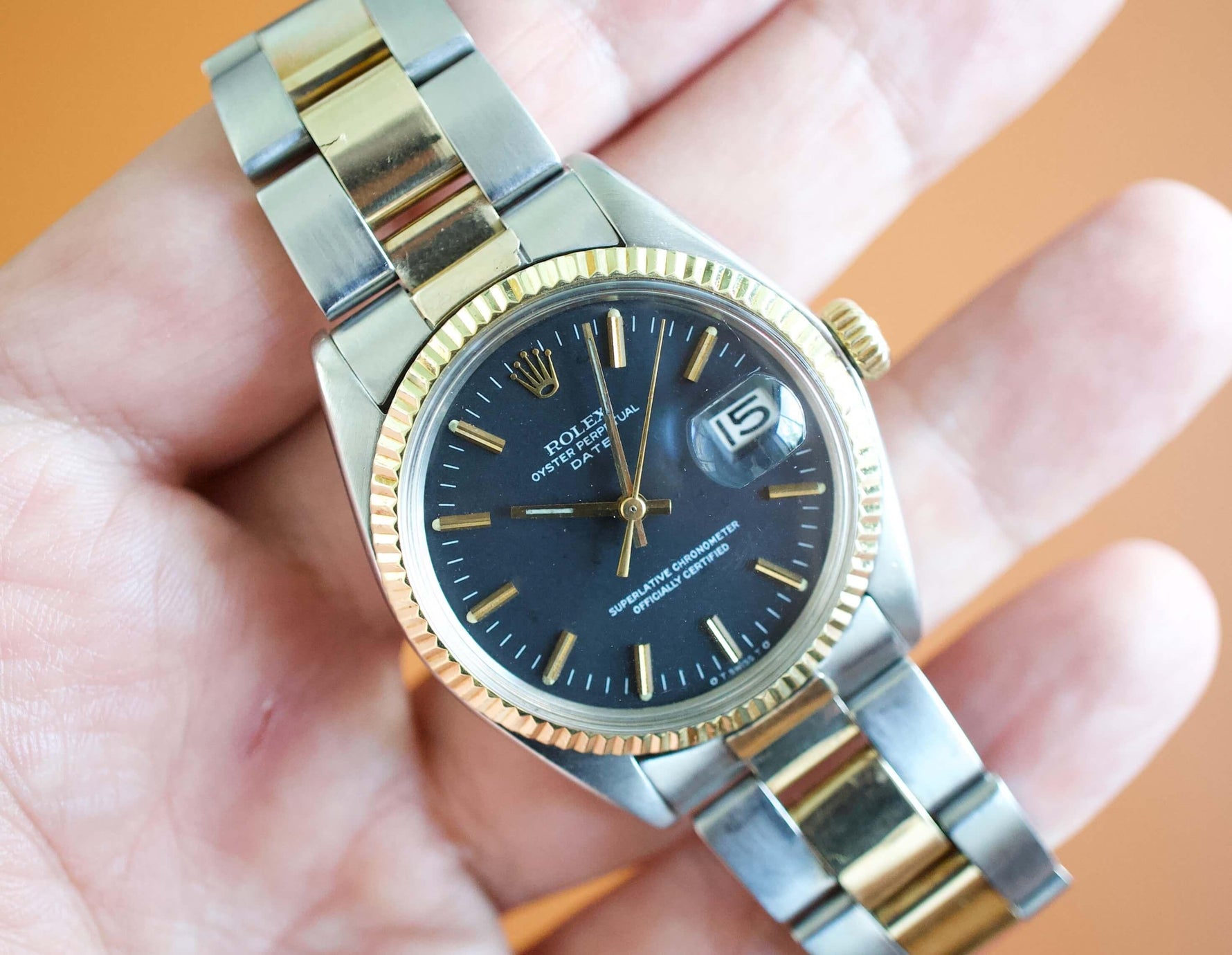 SOLD OUT: Rolex Oyster Perpetual Date 1500 34MM Date Black Two Tone Box Automatic 1970 - WearingTime Luxury Watches