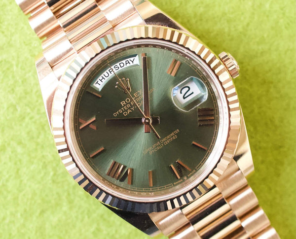 SOLD OUT: Rolex President Day Date 40MM 2023 OLIVE GREEN DIAL FULL SET Box and Papers Rose Gold