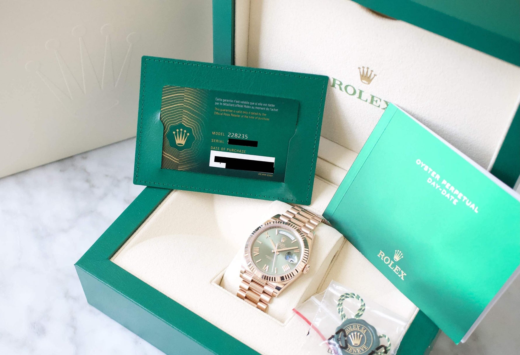 SOLD OUT: Rolex President Day Date 40MM 2023 OLIVE GREEN DIAL FULL SET Box and Papers Rose Gold - WearingTime Luxury Watches