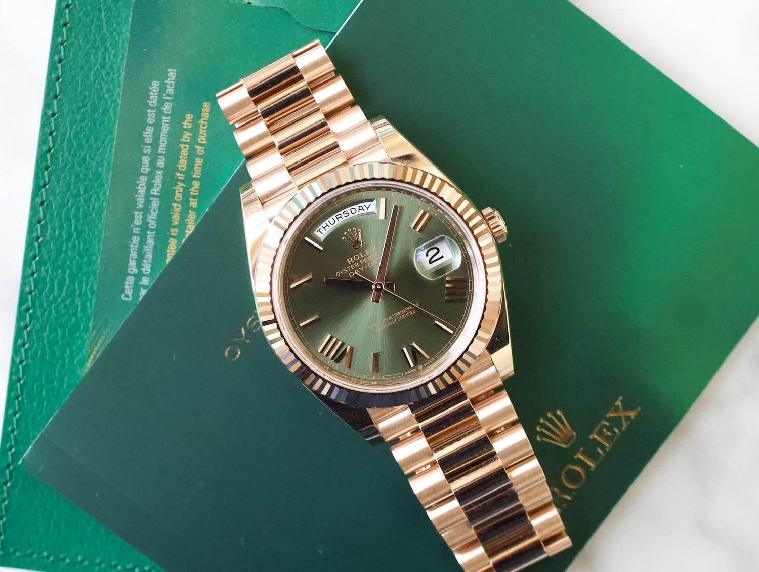 SOLD OUT: Rolex President Day Date 40MM 2023 OLIVE GREEN DIAL FULL SET Box and Papers Rose Gold - WearingTime Luxury Watches