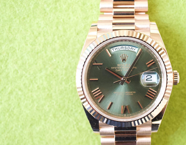 SOLD OUT: Rolex President Day Date 40MM 2023 OLIVE GREEN DIAL FULL SET Box and Papers Rose Gold