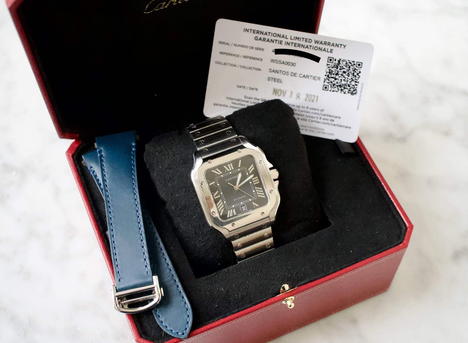 SOLDOUT: Cartier Santos De Cartier Large WSSA0030 39.8MM Automatic Smartlink QuickSwitch BLUE Steel 2021 Papers Factory Warranty - WearingTime Luxury Watches