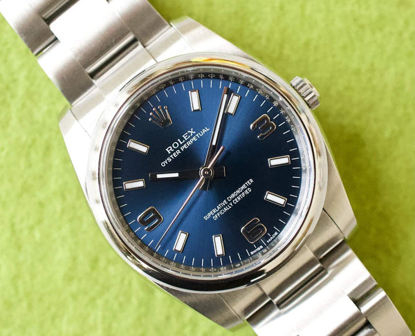 SOLDOUT: Rolex Oyster Perpetual 114200 34MM Blue Dial Oyster Bracelet Box and Papers 2020