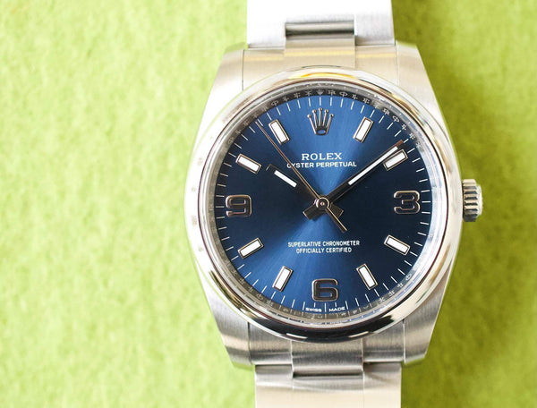 SOLDOUT: Rolex Oyster Perpetual 114200 34MM Blue Dial Oyster Bracelet Box and Papers 2020