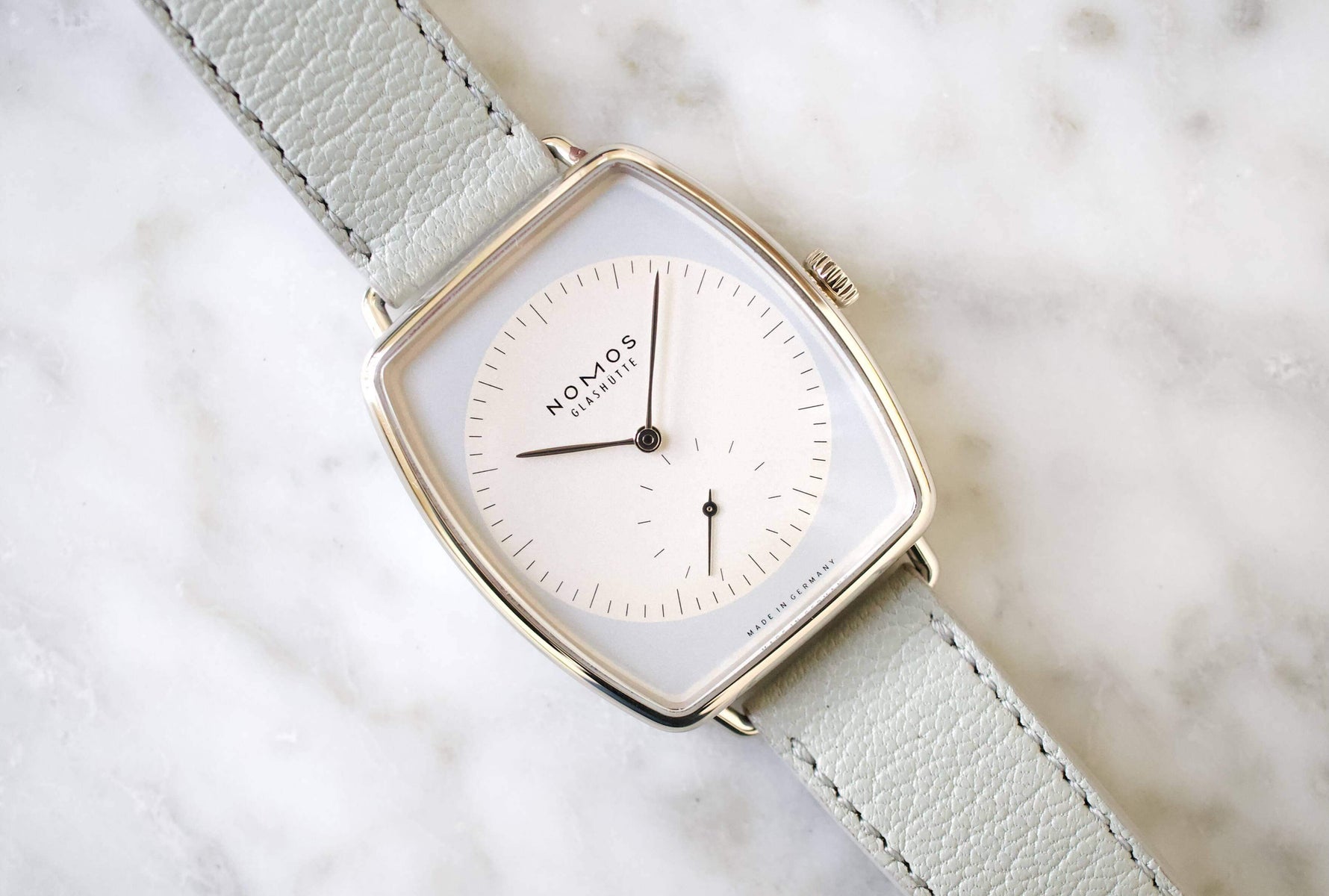 NOMOS LUX 18K Solid White Gold Ref. 920 Tonneau 40mm In House Movement - WearingTime Luxury Watches