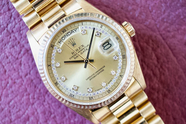 SOLD OUT: Rolex Day Date 1986 President Ref. 18038 Factory String Diamond Dial Tight Band Day-Date( Serviced 2023)