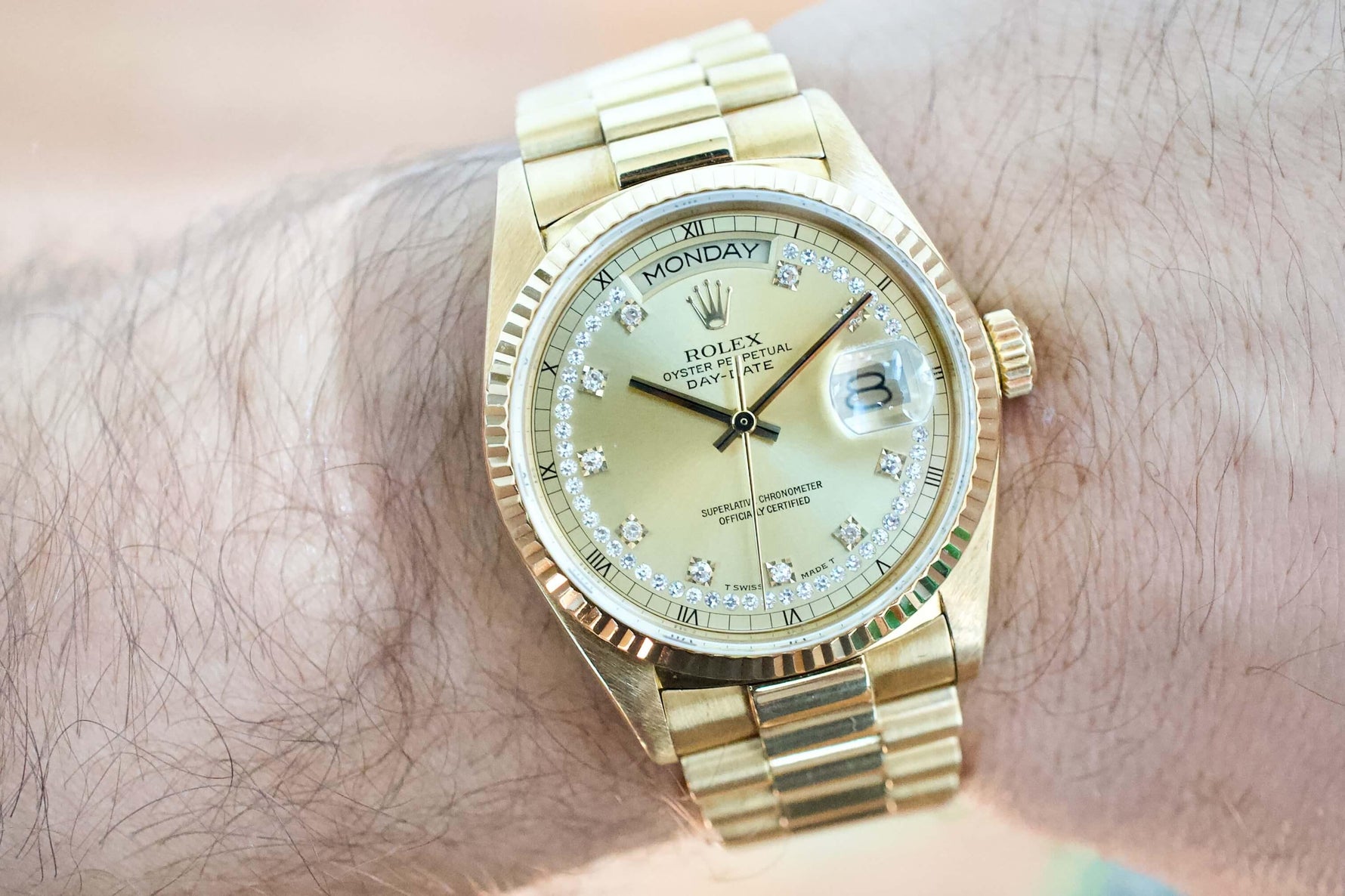 Rolex Day Date 1986 President Ref. 18038 Factory String Diamond Dial Tight Band Day-Date - WearingTime Luxury Watches