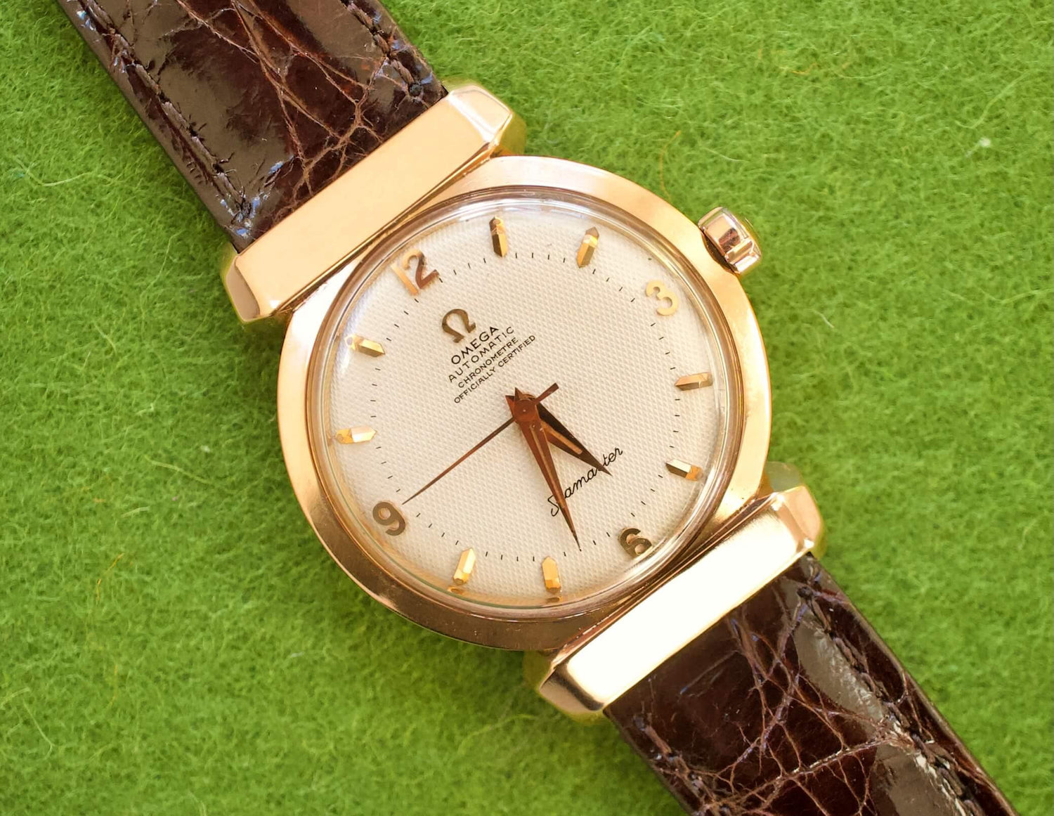 SOLD OUT: 1952 Omega Seamaster 14324 Hooded Lugs 18K Solid Gold 34mm - WearingTime Luxury Watches