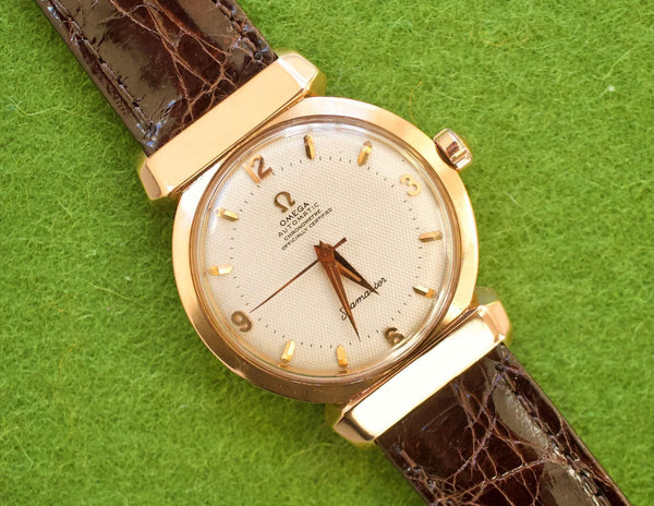 SOLD OUT: 1952 Omega Seamaster 14324 Hooded Lugs 18K Solid Gold 34mm
