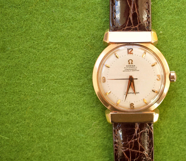 SOLD OUT: 1952 Omega Seamaster 14324 Hooded Lugs 18K Solid Gold 34mm