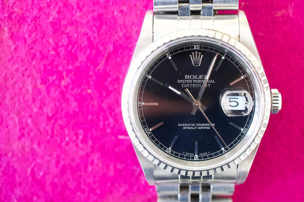 SOLD OUT: 1997 Rolex Datejust Steel 36mm Jubilee 16220 U series Black Dial Box