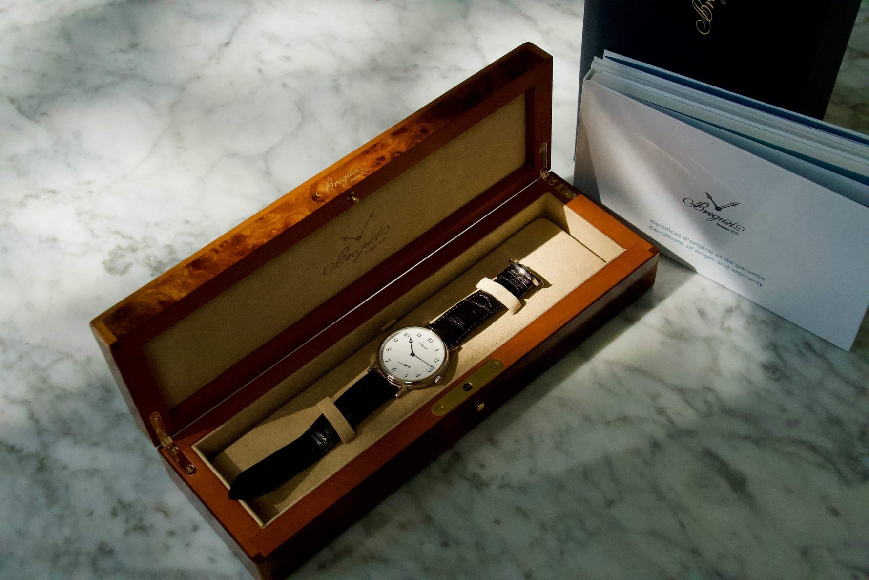 SOLD OUT: BREGUET CLASSIQUE 7147 GRAND FEU ENAMEL DIAL WHITE GOLD BOX PAPERS - WearingTime Luxury Watches