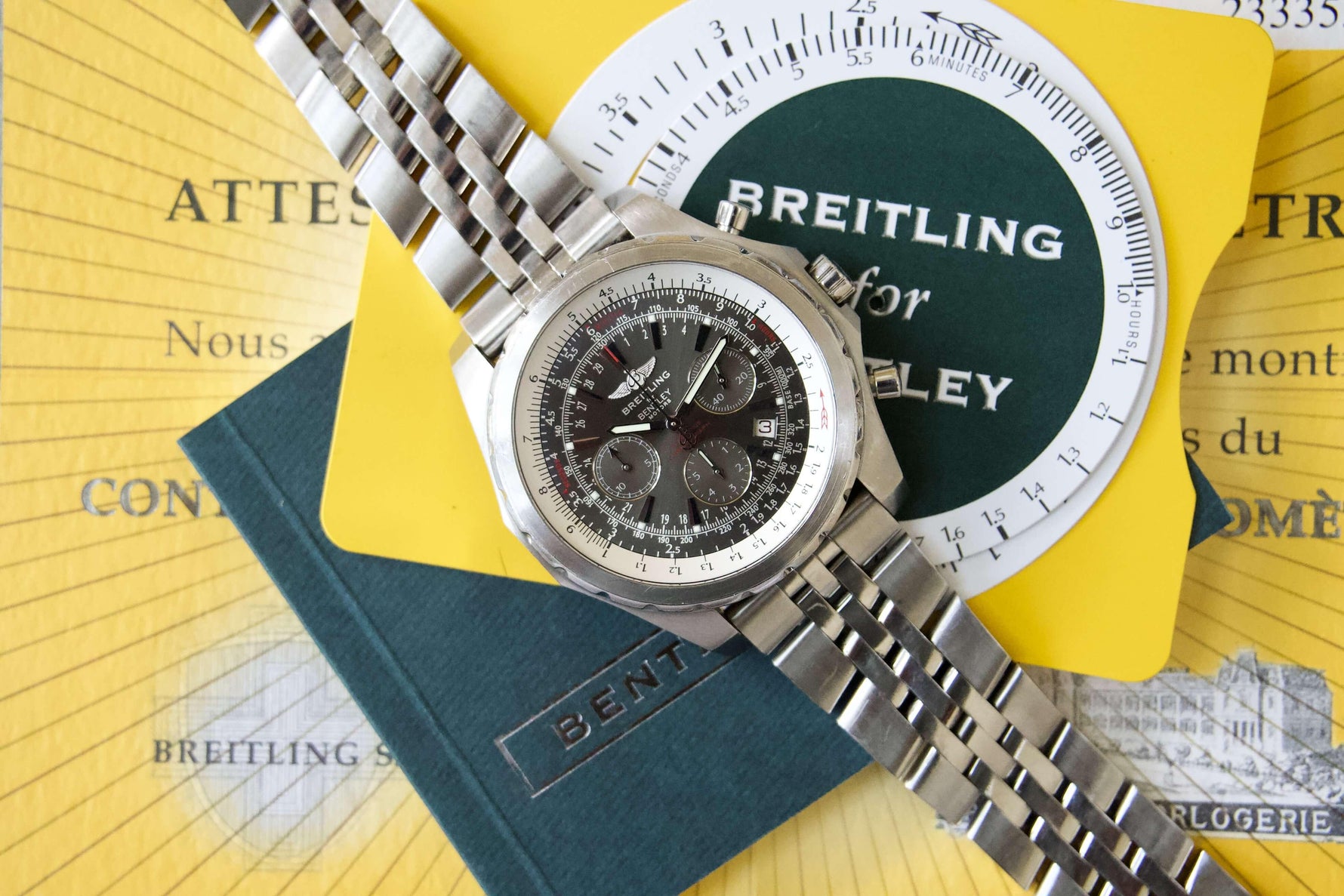 SOLD OUT: Breitling Bentley Chronograph Gray Stainless Steel Date 48mm Watch A25363 Box and Papers - WearingTime Luxury Watches