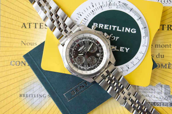 SOLD OUT: Breitling Bentley Chronograph Gray Stainless Steel Date 48mm Watch A25363 Box and Papers