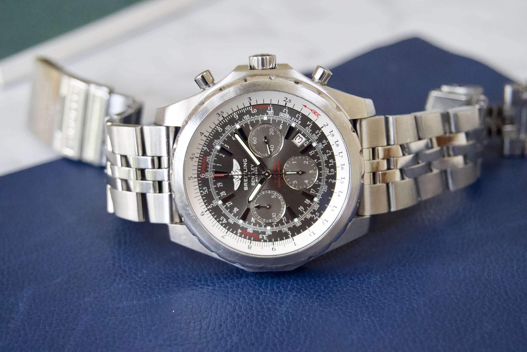 SOLD OUT: Breitling Bentley Chronograph Gray Stainless Steel Date 48mm Watch A25363 Box and Papers - WearingTime Luxury Watches