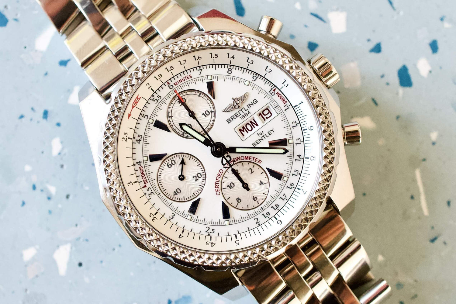 SOLD OUT: Breitling Bentley GT A13362 Chronograph 45mm Box and Papers White Steel Bracelet - WearingTime Luxury Watches