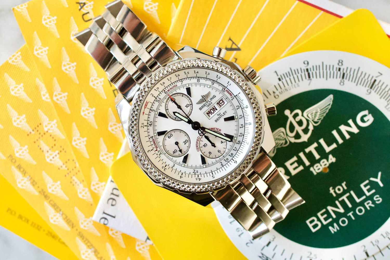 SOLD OUT: Breitling Bentley GT A13362 Chronograph 45mm Box and Papers White Steel Bracelet - WearingTime Luxury Watches