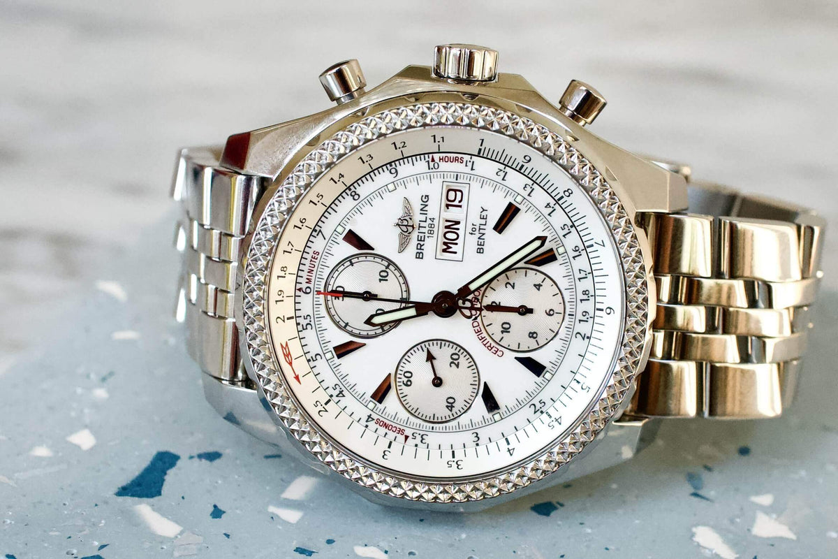 SOLD OUT: Breitling Bentley GT A13362 Chronograph 45mm Box and Papers White Steel Bracelet - WearingTime Luxury Watches