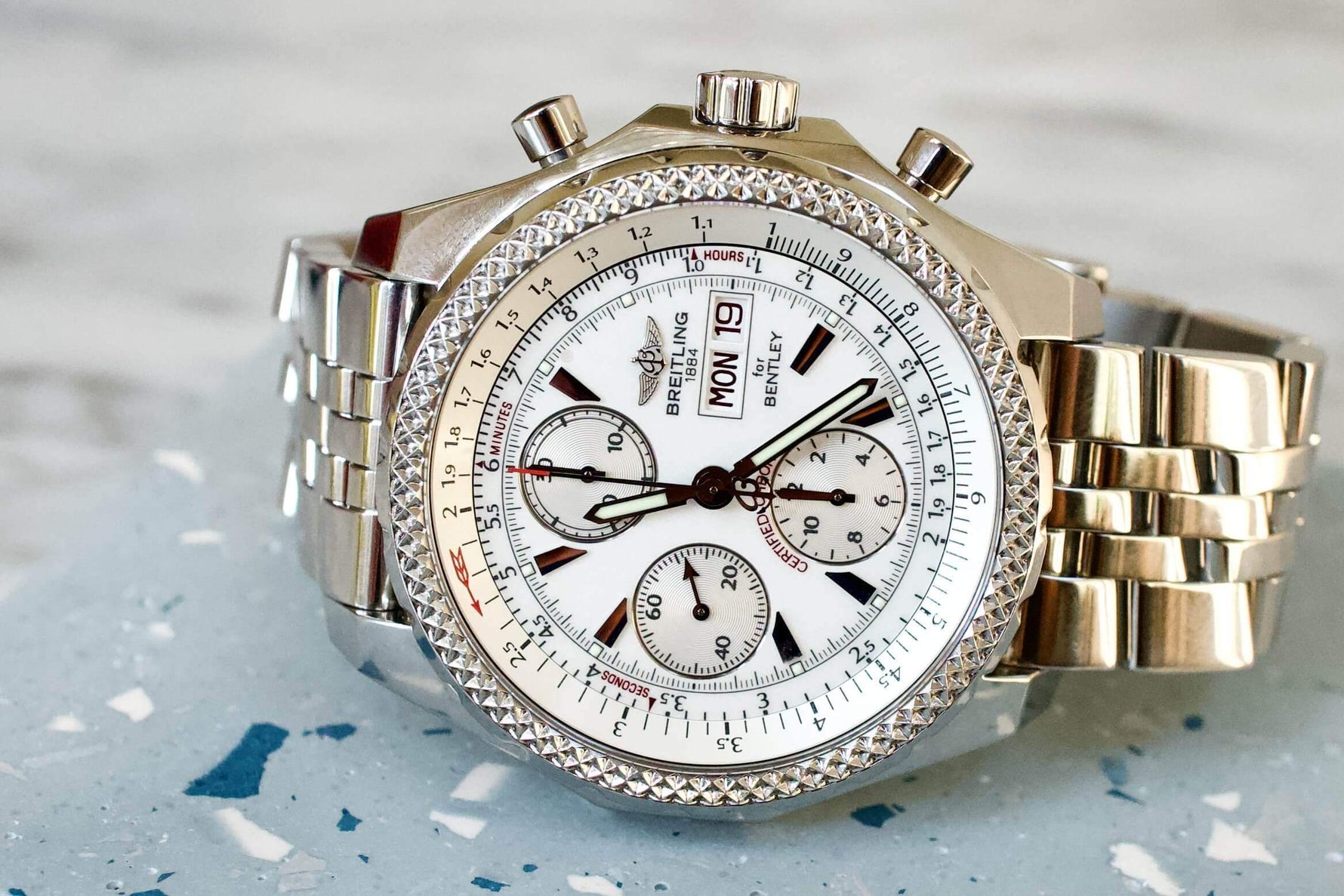 SOLD OUT: Breitling Bentley GT A13362 Chronograph 45mm Box and Papers White Steel Bracelet - WearingTime Luxury Watches