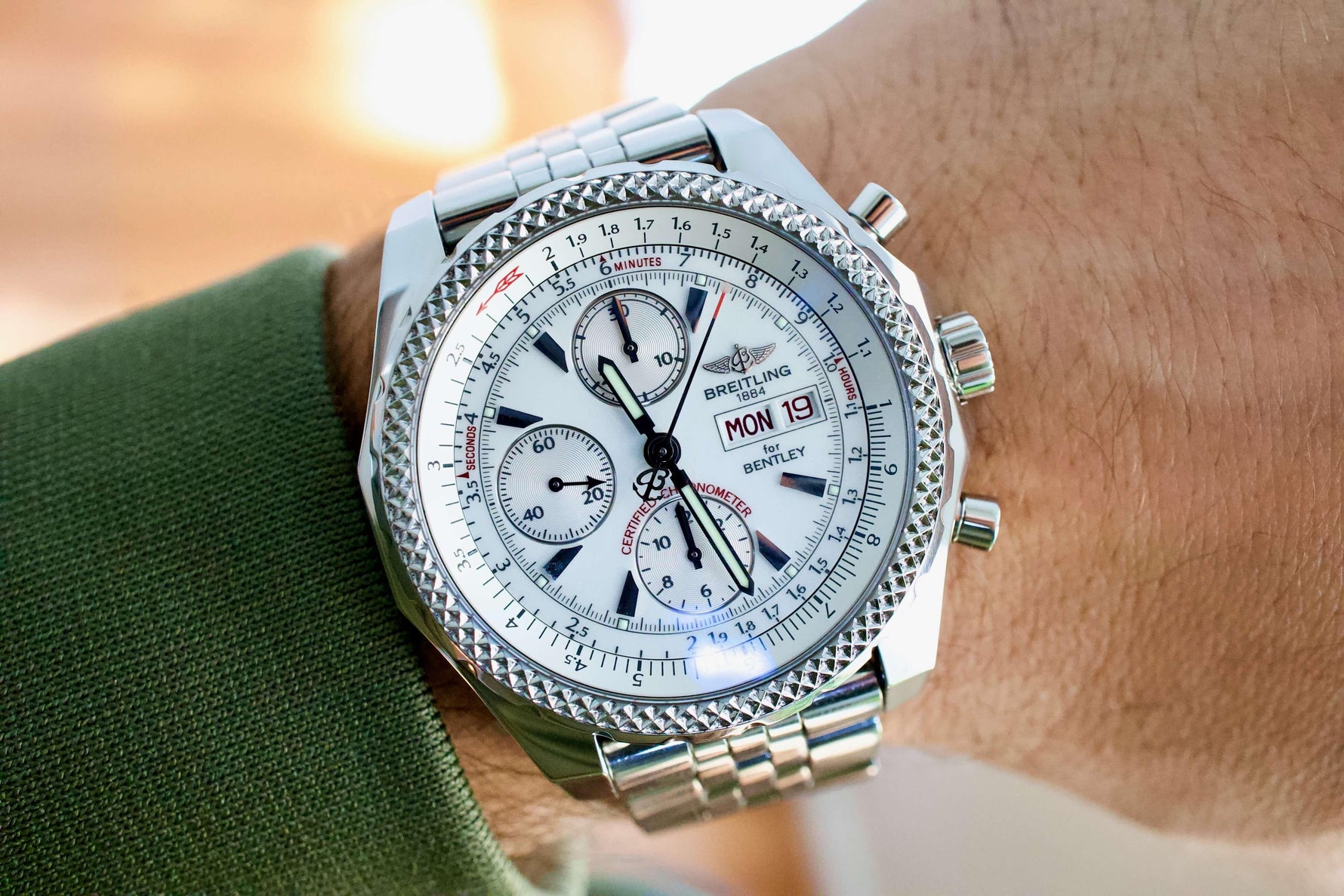 SOLD OUT: Breitling Bentley GT A13362 Chronograph 45mm Box and Papers White Steel Bracelet - WearingTime Luxury Watches