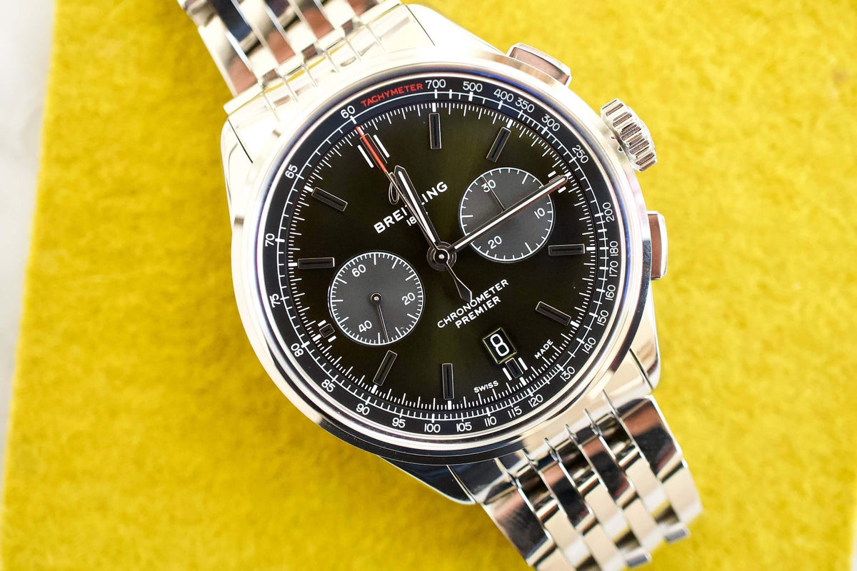 SOLD OUT: Breitling Premier 42mm B01 Chronograph AB011 British Racing Green Dial Box Papers - WearingTime Luxury Watches
