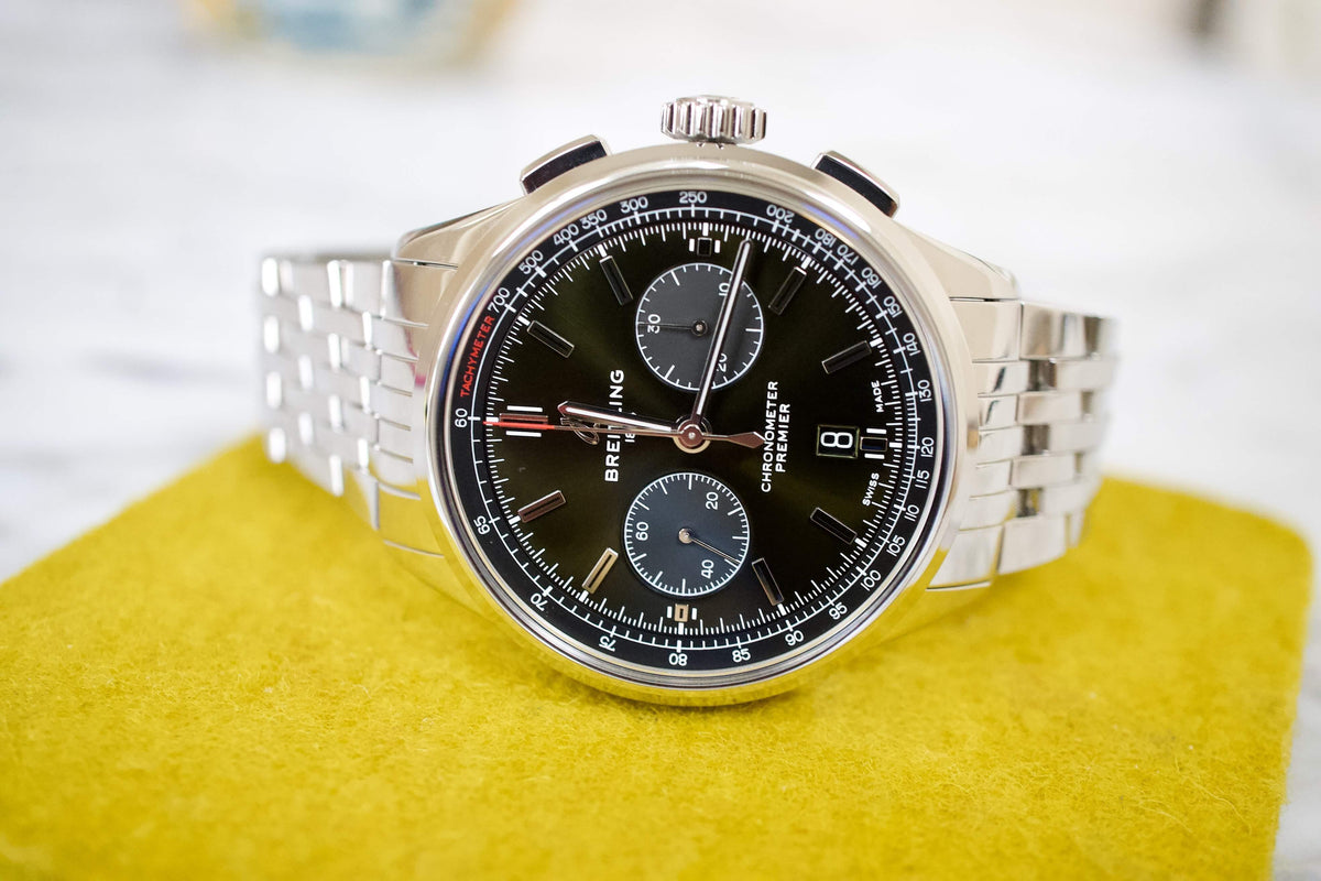 SOLD OUT: Breitling Premier 42mm B01 Chronograph AB011 British Racing Green Dial Box Papers - WearingTime Luxury Watches