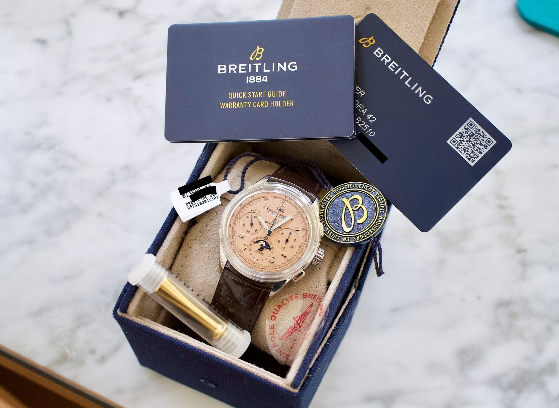 SOLD OUT: Breitling Premier B25 Datora AB2510 42MM Chronograph Calendar Salmon Dial Steel Box and Papers 2022 - WearingTime Luxury Watches