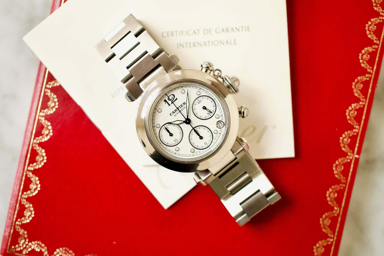 SOLD OUT: Cartier Pasha Chronograph 2412 36mm Box and Papers Near Mint - WearingTime Luxury Watches