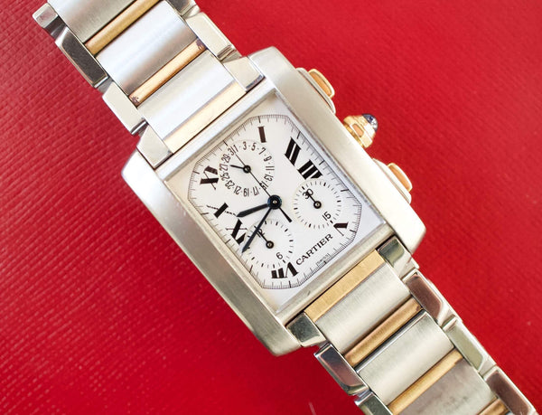 SOLD OUT: Cartier Tank Francaise 2303 28mm by 32mm Two Tone Chronograph Unisex Date Quartz White Steel Box