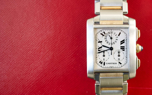 SOLD OUT: Cartier Tank Francaise 2303 28mm by 32mm Two Tone Chronograph Unisex Date Quartz White Steel Box