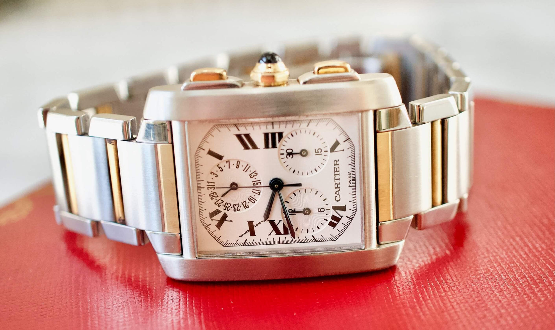 SOLD OUT: Cartier Tank Francaise 2303 28mm by 32mm Two Tone Chronograph Unisex Date Quartz White Steel Box - WearingTime Luxury Watches