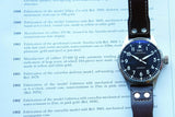 IWC Schaffhausen automatic watch with a blue dial and black leather strap.