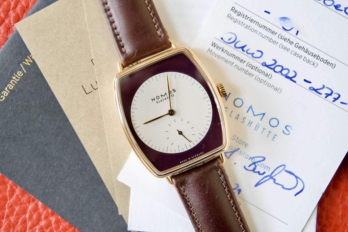SOLD OUT: NOMOS LUX Zobel 18K Solid Rose Gold Ref. 942 Tonneau 40mm In House Movement - WearingTime Luxury Watches