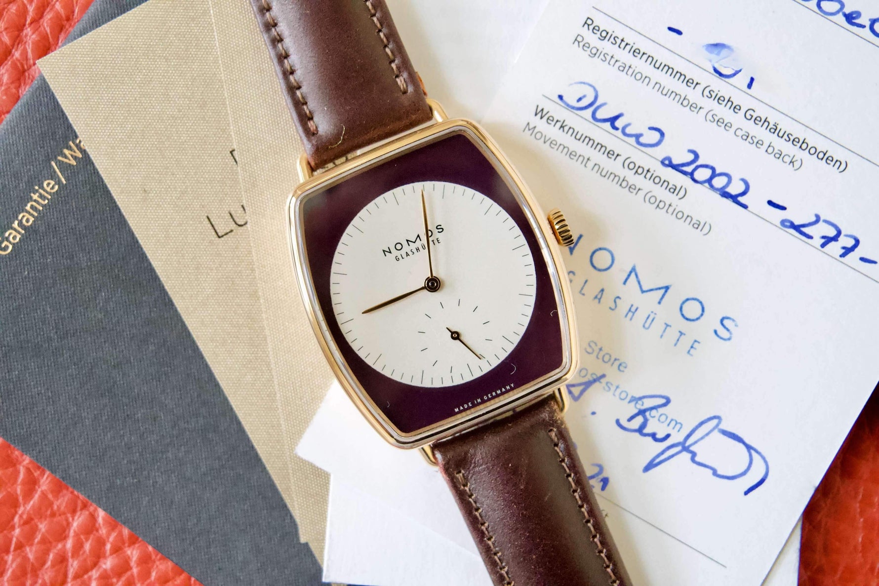 SOLD OUT: NOMOS LUX Zobel 18K Solid Rose Gold Ref. 942 Tonneau 40mm In House Movement - WearingTime Luxury Watches