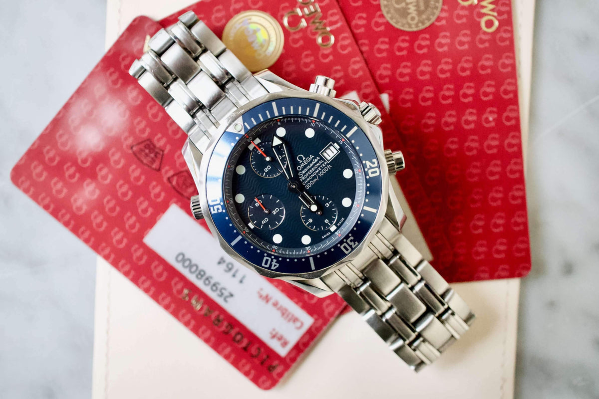 SOLD OUT: OMEGA SEAMASTER CHRONOGRAPH 300M 2599.80 42MM BOX AND PAPERS WAVE DIAL - WearingTime Luxury Watches