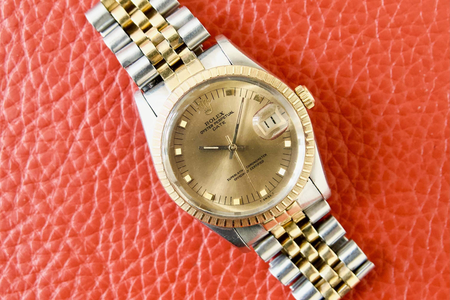 SOLD OUT: Rolex Date Ref. 15053 Two Tone 34mm Jubilee Bracelet Champagne Gold Peg Dial - WearingTime Luxury Watches
