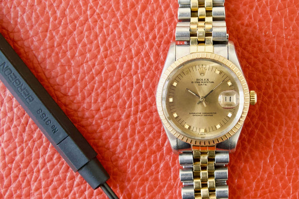 SOLD OUT: Rolex Date Ref. 15053 Two Tone 34mm Jubilee Bracelet Champagne Gold Peg Dial