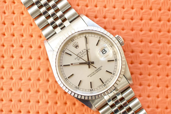 SOLD OUT: Rolex Datejust 16220 36MM Quickset Jubilee Silver Steel Box and Papers 1993 Engine Turned
