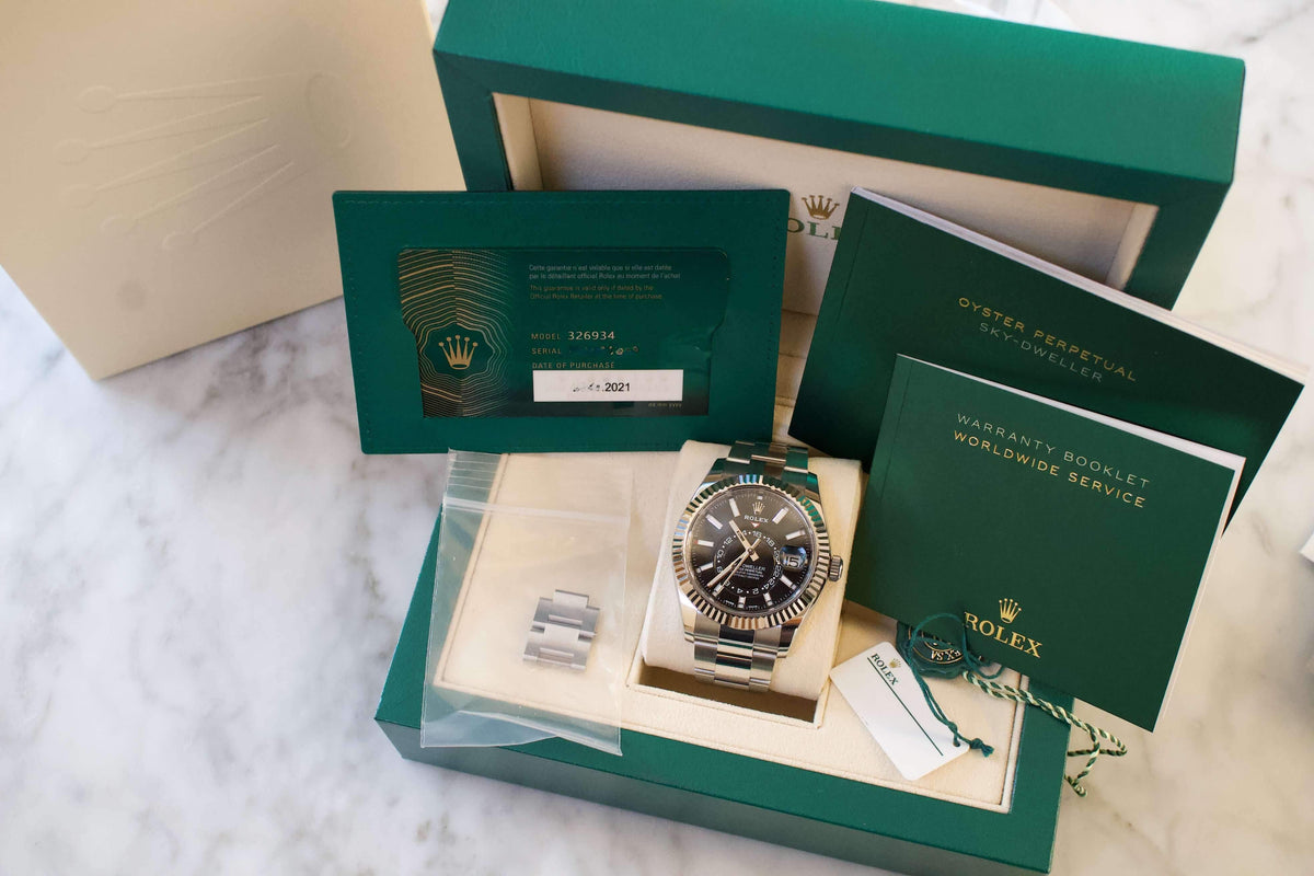 SOLD OUT: Rolex SkyDweller 326934 Black Dial 42mm 18K Bezel 2021 Box & Papers Warranty - WearingTime Luxury Watches