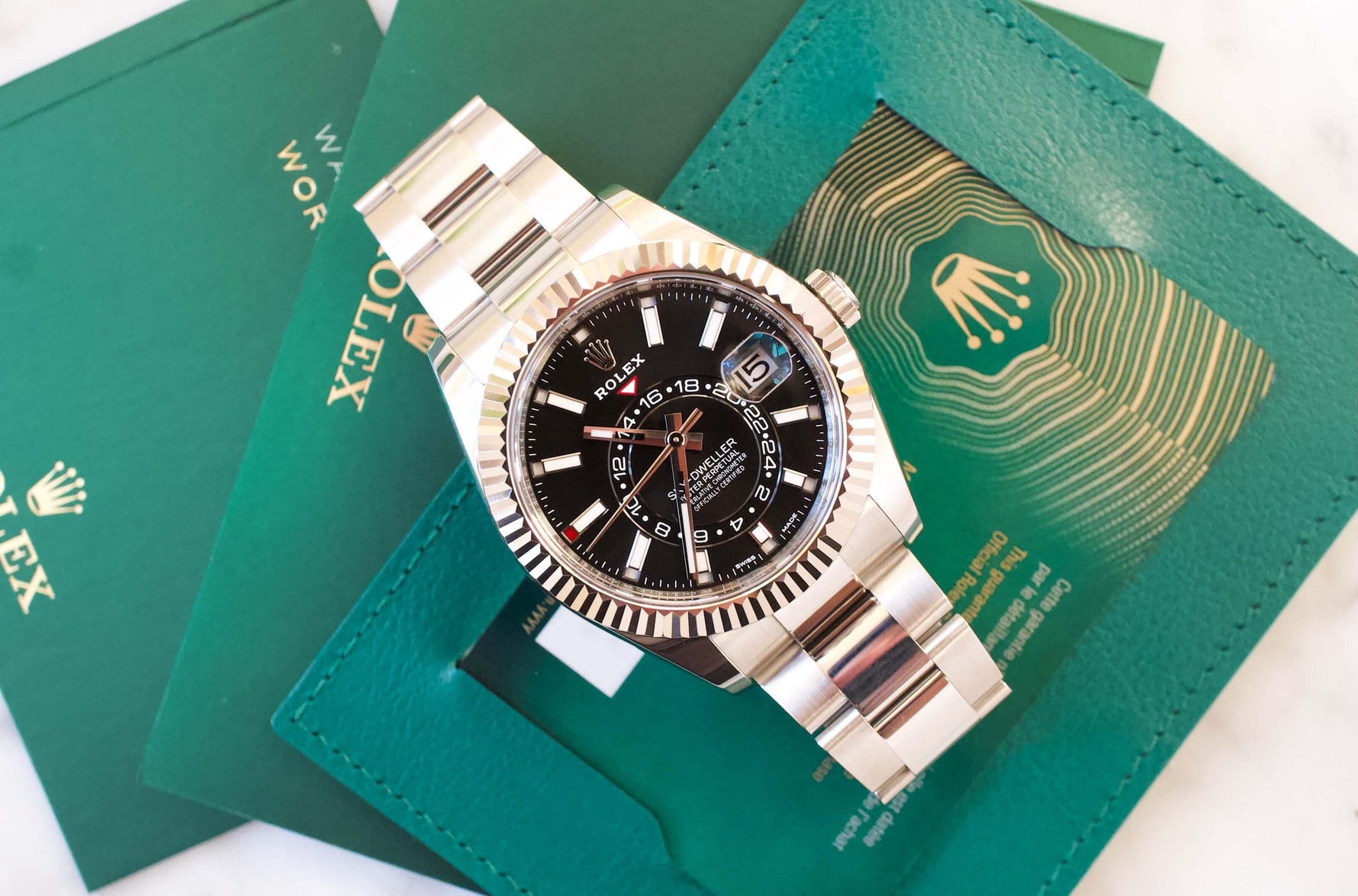 SOLD OUT: Rolex SkyDweller 326934 Black Dial 42mm 18K Bezel 2021 Box & Papers Warranty - WearingTime Luxury Watches