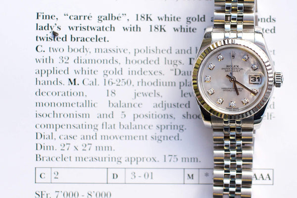 SOLD OUT: Rolex Womens Datejust 26mm 179174 Factory Mother of Pearl Dial Jubilee