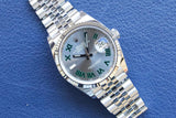 SOLD: ROLEX DATEJUST 36 WIMBLEDON Jubilee 126234 GREEN Rhodium ROMAN Box and Papers 18K Bezel