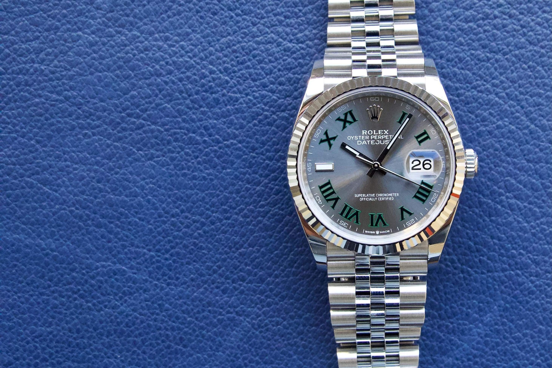 SOLD: ROLEX DATEJUST 36 WIMBLEDON Jubilee 126234 GREEN Rhodium ROMAN Box and Papers 18K Bezel - WearingTime Luxury Watches