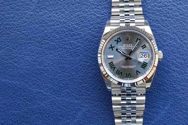 SOLD: ROLEX DATEJUST 36 WIMBLEDON Jubilee 126234 GREEN Rhodium ROMAN Box and Papers 18K Bezel