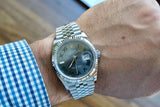 SOLD: ROLEX DATEJUST 36 WIMBLEDON Jubilee 126234 GREEN Rhodium ROMAN Box and Papers 18K Bezel