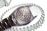 Stainless steel luxury watch case with metal bracelet on a technical drawing background