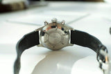 Close-up of IWC Pilot Chronograph watch case back with black leather strap