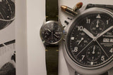 Pre-owned IWC Pilot Chronograph 3706 watch with black dial and green leather strap